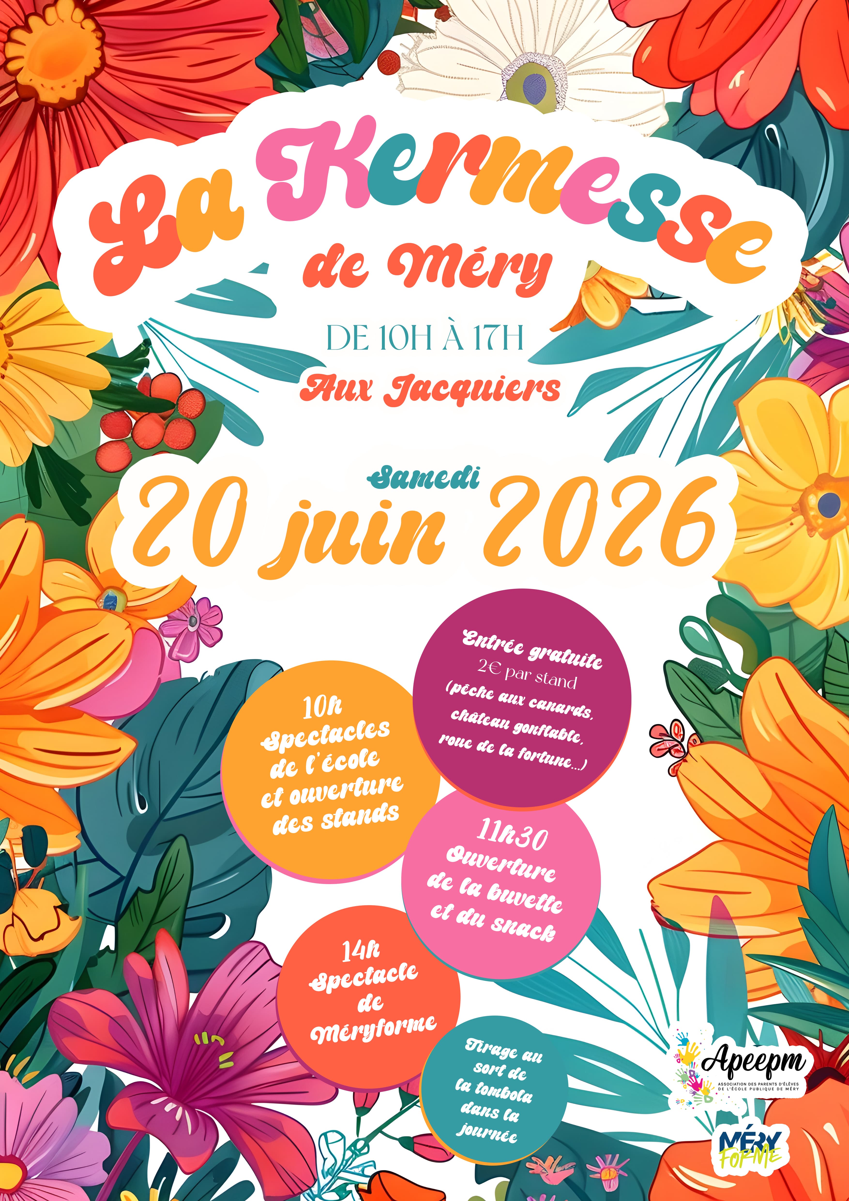 Affiche de la kermesse de Méry — samedi 20 juin 2026, de 10h à 17h, aux Jacquiers